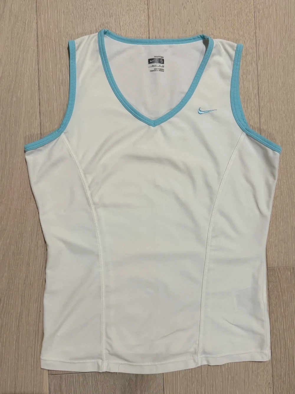 Nike Women’s White V‑Neck FitDry Tank with Aqua Blue Trim